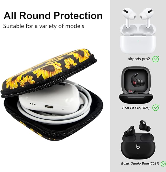 Earbud Case,Headphone Organizer Earbud Storage Bag, Hard EVA Shockproof Cover Carrying Case with Carabiner Clip Compatible with AirPods 4 AirPods Pro 2nd /3/2/1 Bose Galaxy (Sunflower)