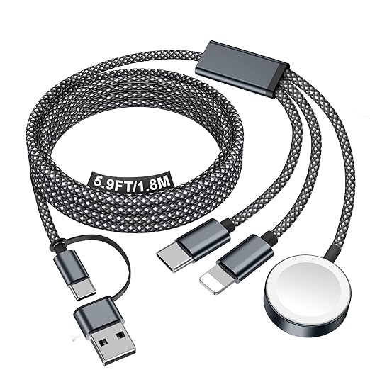 Travel Essentials for Apple Watch Charger,iPhone Charger,3 in 2 Type C/Lightning/Magnetic Travel Charging Cable,Portable Multi Charging Cable for Apple Watch, iPhone 17‑11,Samsung S26,Car,iPad-6FT