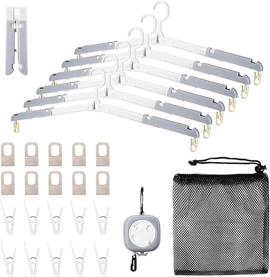 6 Pack Fodable Travel Hangers with Clips & Adjustable Clothesline, Portable Collapsible Hangers with Storage Bag for Suitcase, Hotel, RV, Cruise Essentials Set (Grey)