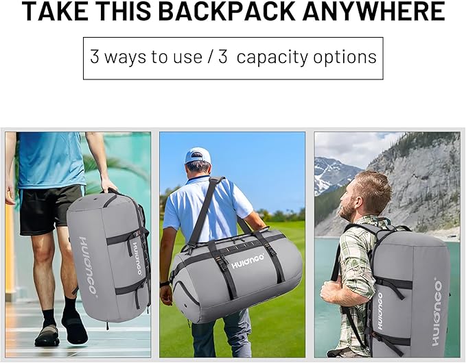 Hulongo 40L/60L/90L Large Waterproof Duffle Bag Backpack for Men, Mens Duffel Backpack Bags for Traveling, Heavy Duty (Grey, 40L)