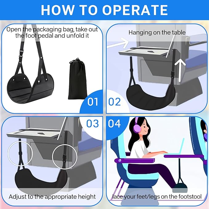 Adjustable Footrest Under Desk, Portable Travel Airplane Foot Hammock, Suitable for Relaxing Your Feet During Long Journeys, Airplane Foot Hammock.