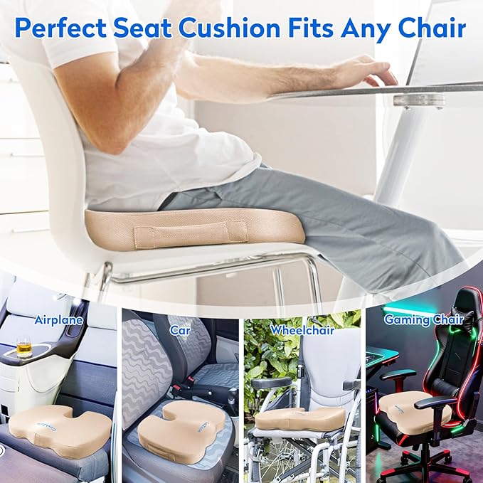 XXL Seat Cushion Office Car Seat Cushion, Memory Foam Cushion for Office Chair, Car Seat, Airplane, Bleacher Non-Slip Chair Pad (Khaki