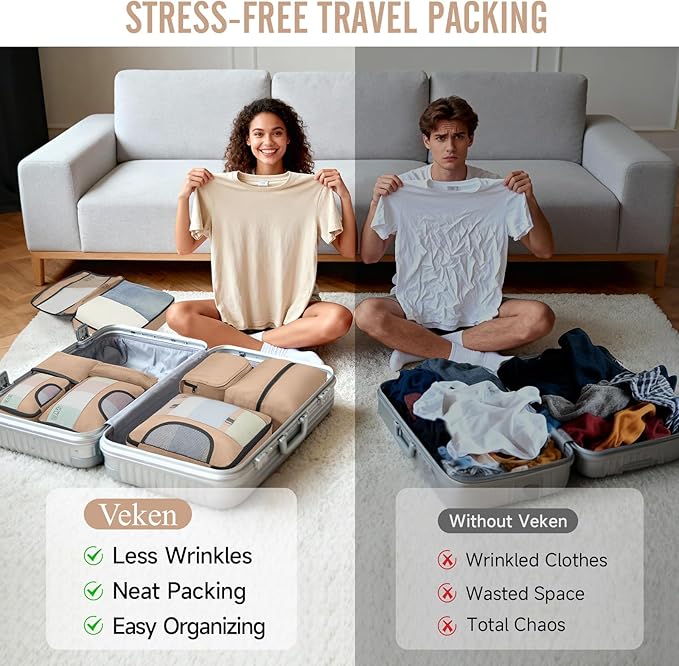 Veken 8 Set Packing Cubes for Travel Essentials,Anti-Wrinkle Buckled Suitcase Organizer for Shoe & Toiletry Bag,Carry On Luggage Bag for Airplane & College Dorm Room Accessories,Women Men Gifts