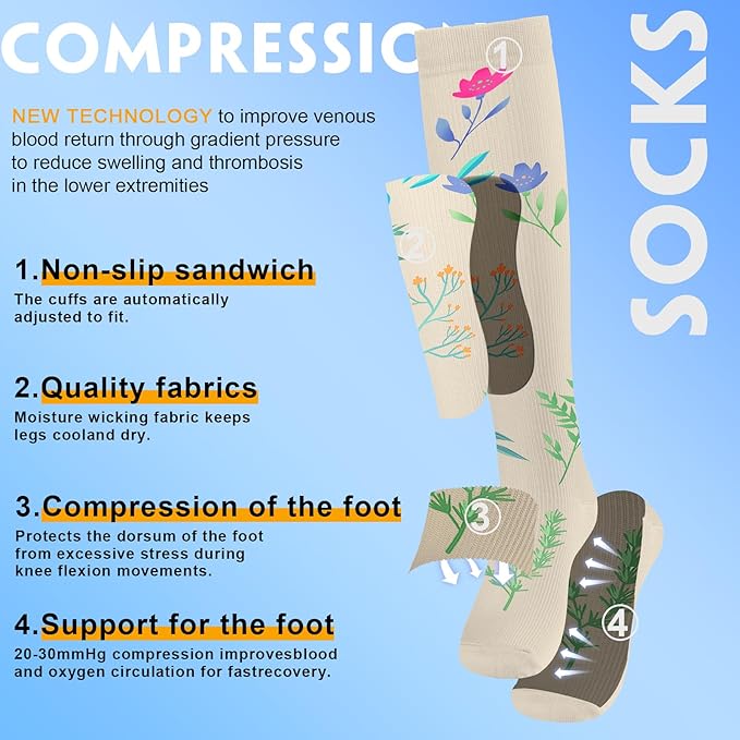 cerpite Compression Socks for Women & Men 6 Pairs Knee High Compression Socks 20-30 mmhg Best for Running,Nurse,Travel