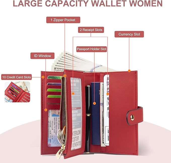yiijay Womens Wallet RFID Blocking Leather Trifold Clutch Wallet Credit Card Holder Ladies Travel Wallet Purse with Pen Holder