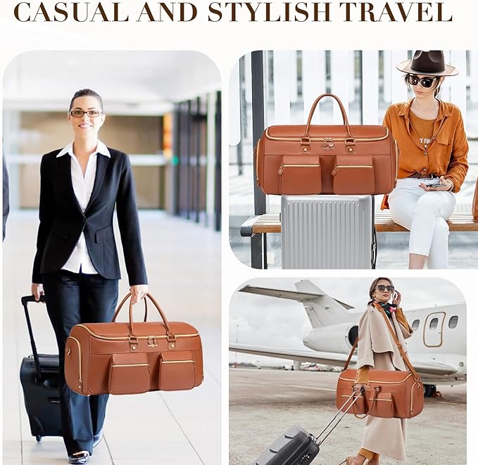 Suit Bag,Vessgra 56L Garment Bags for Travel,2 in 1 Leather Duffle Bags for Men Women, PU Leather Convertible Travel Bag with Shoe Compartment,Work Weekender Bussiness Wedding,Reddish Brown