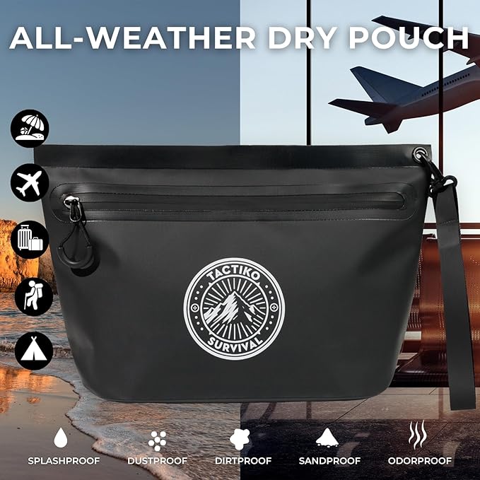 Tactiko 3L Water Resistant Pouch - Waterproof Material w/Splashproof Zipper - Hold All Zipper Bag for Storage, Toiletries, Travel, Beach, Cruise, Home (Black)