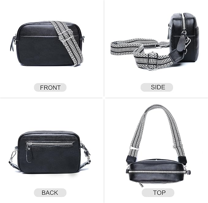 Small Crossbody Bags for Women Genuine Leather, Guitar Strap Shoulder Handbag Purse Camera Bag with Rfid Card Slots, Black
