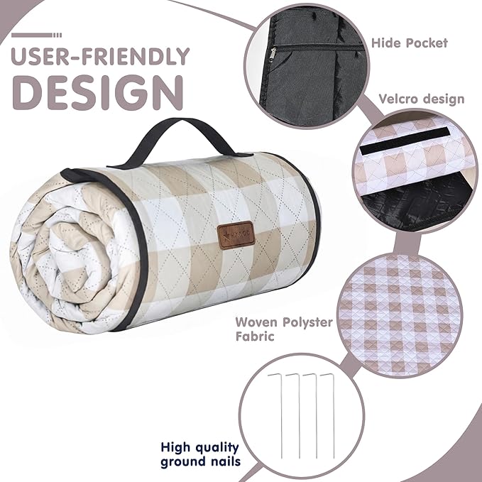 HX&OD Outdoor Picnic Blanket, Extra Large, 80''x80'' Waterproof Foldable Blankets Gingham Picnic Mat for Beach, Camping Grass Lawn Park Accessories Cute Couple Ideas Wedding (Light Brown, 80”x80”)