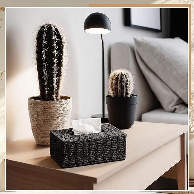 Black Tissue Box Cover Rectangle Natural Paper Rope Hand Woven Tissue Box Holder for Bathroom Living Room Bedroom Kitchen Table Desk Office Farmhouse Home Decor