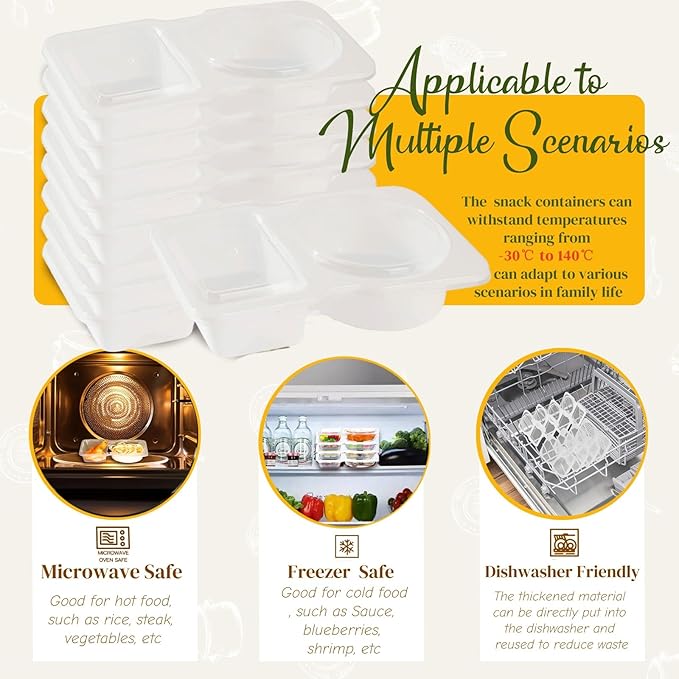 Snack Containers - Reusable 2 Compartment Condiment Containers with Lids for Take Out Sauce, Portion Control, Candies, Cookies (WHITE)