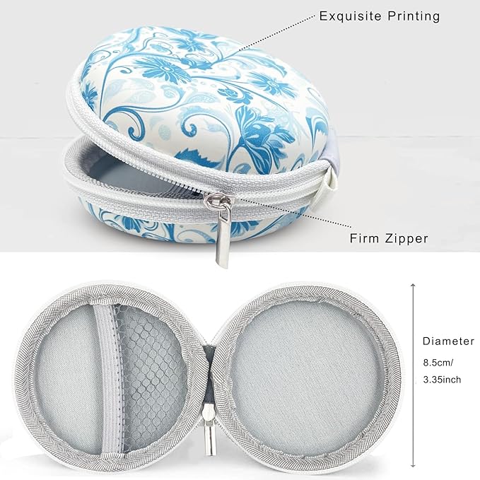 Earbud Case Headphone Organizer Ear Bud Case Portable EVA Carrying Box Storage Bag with Carabiner for AirPods Beats Bose Galaxy Buds 4/3/FE Data Cable Storage (Blue Floral)