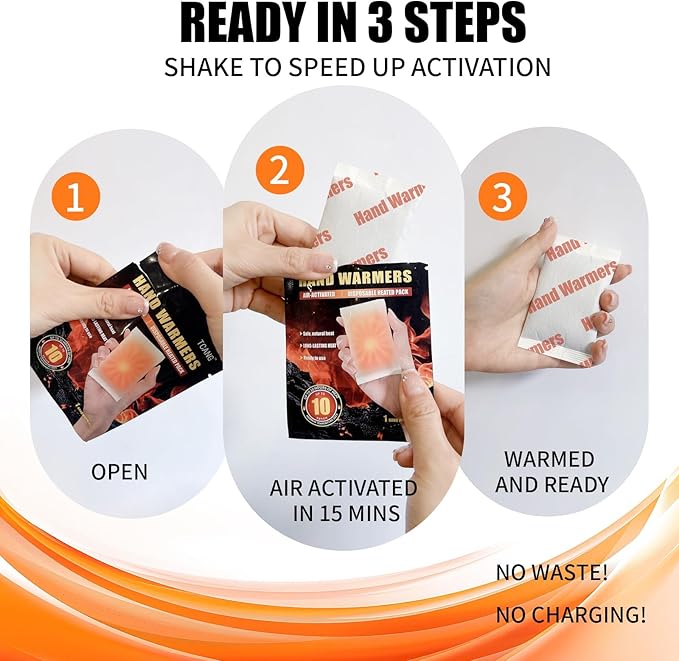 Hand Warmers Disposable - Up to 15 Hours of Heat - 10/50/100/200 Pack Super Long Lasting Air Activated Warmers, All Natural, Portable for Body, Hands & Toes - Odorless Hot Warmer Heater for Outdoor