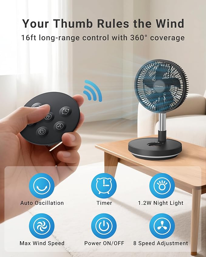 Primevolve 10000mAh Rechargeable Portable Oscillating Fan, 10" Battery Operated Pedestal Fan for Bedroom, Remote, 8 Speeds, Timer & LED Light, Adjustable Height, Outdoor Travel Camping (Dark Gray)
