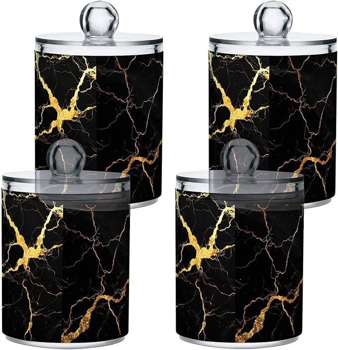 Gredecor Qtip Holder Dispenser 2 Pack Gold Black Marbling Bathroom Decorative Storage Canister Holder Counter Vanity Organizer for Cotton Ball Swabs Pads Floss