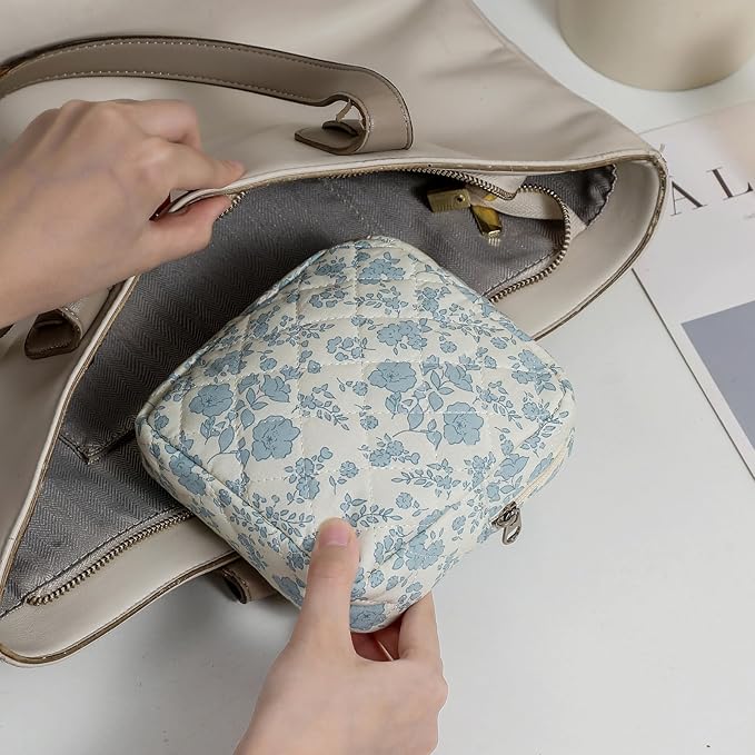 2 Pcs Quilted Cotton Makeup Bag Set, Small Aesthetic Cosmetic Bag with Floral Pattern, Cute Makeup Pouch for Purse, Kawaii Trendy Preppy Travel Toiletry Bag for Women and Girls(21 Blue Flower Set)