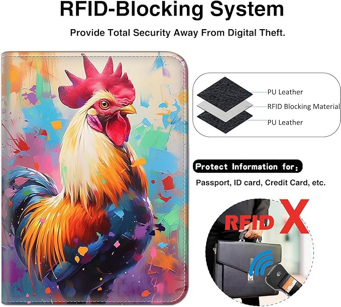 Passport Wallet, Passport Holder with RFID Blocking and Luggage Tag, Waterproof PU Leather Travel Documents Organizer Case, Passport Covers with Card Slot for Women & Men, Chicken Color Passport Book