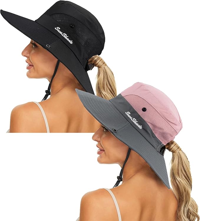 Women's Summer Sun-Hat Ponytail - Outdoor UV-Protection Mesh Wide Brim Foldable Hat with Ponytail Hole