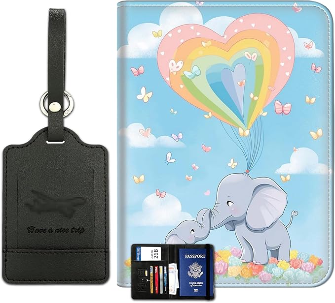 Passport Wallet, Passport Holder with RFID Blocking and Luggage Tag, Waterproof PU Leather Travel Documents Organizer Case, Passport Covers with Card Slot for Women & Men, Cute Cartoon Elephant