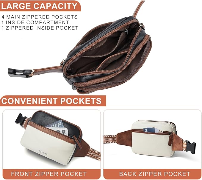 LATMAP 3L Fanny Packs Belt Bag for Women Small Everywhere Crossbody Bag Waist Packs Faux Leather Sling Chest Travel Purse