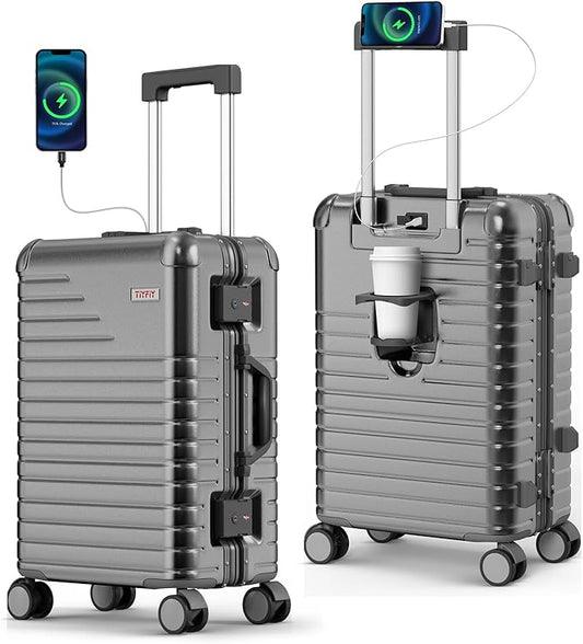 24 Inch Checked Luggage with Cup Holder, Zipperless PC Hard Shell Suitcase, 360° Spinner Wheels, TSA Lock for Short Trips and Business Travel