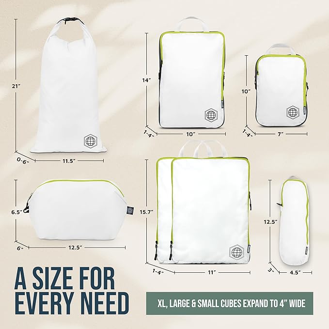 Large Compression Packing Cubes for Travel-Packing Cube Luggage Organizers 7 Piece Set for Checked Luggage-Ultralight, Expandable/Compression Bags by TRIPPED Travel Gear (White/Green)