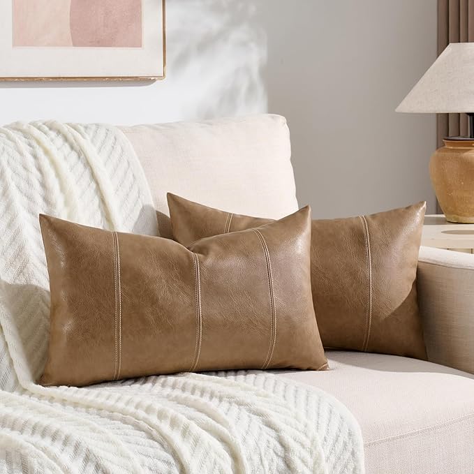 Fancy Homi Light Brown Boho Long Lumbar Faux Leather Decorative Throw Pillow Covers 20x12 Inch for Living Room Couch Bed Sofa, Hand Stitched Rectangle Cushion Case, Rustic Modern Farmhouse Home Decor