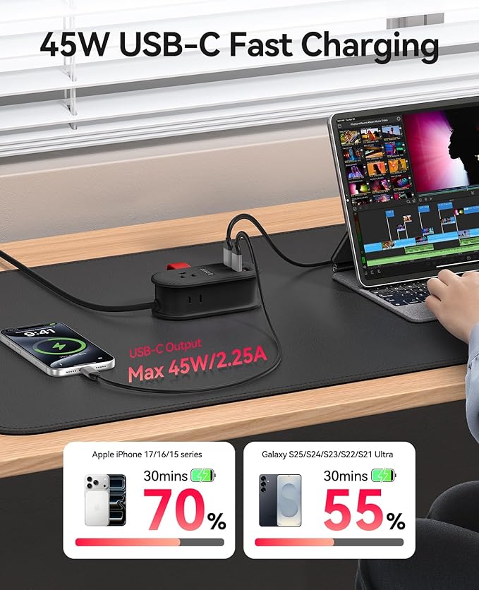 ORICO 45W Power Strip for iPhone 17 and Galaxy S25, 7 in 1 Charging Station with 3AC, 2 USB-A, 2 USB-C, 4ft Thin Extension Cord, Flat Plug Fashion Essential for Cruise Ship/Travel/Home/Dorm - TK45