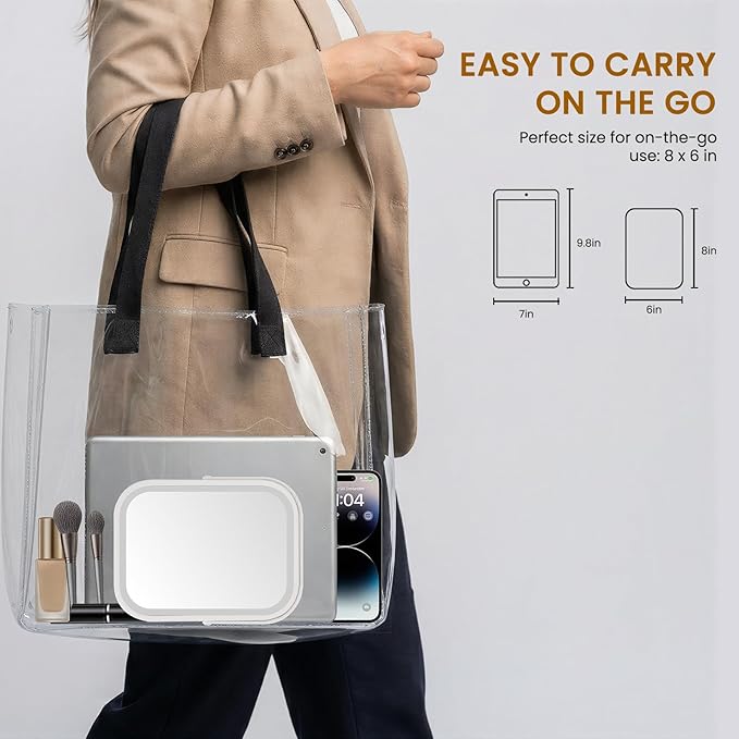 Rechargeable Travel Makeup Mirror, 8"×6" Small Vanity Mirror with Lights, 1500mAH Battery, 3-Color Lighting, Dimmable, 360° Rotation, Portable Desk Mirror with Storage Pouch, Travel Essentials (White)