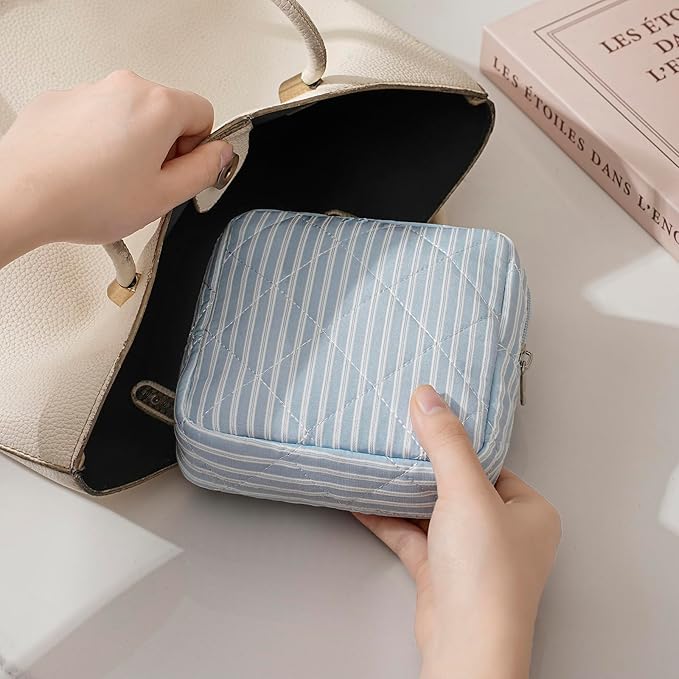 RSRSLEII Small Quilted Striped Cosmetic Pouch for Purse, Mini Cotton Makeup Bag with Compartments, Cute Zipper Lipstick Holder for Women (26 Blue Stripes)