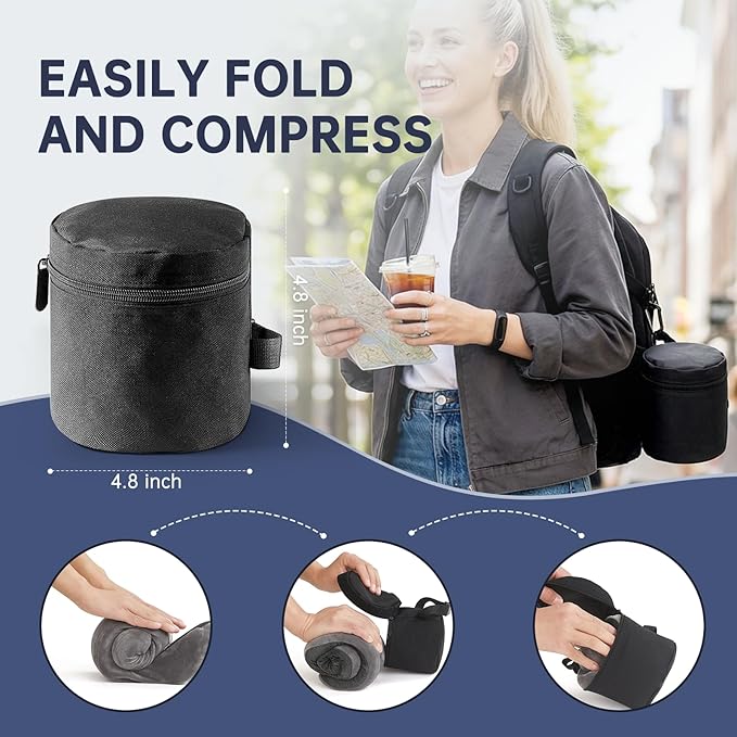 Neck Pillow Travel Pillow - 100% Pure Memory Foam Airplane Pillow with Adjustable Clasp & Removable Cover, Portable Travel Essentials for Long Flights, Car & Office (Dark Gray)