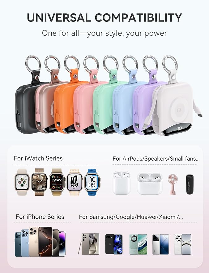 citicr Portable Charger, 10000mAh 22.5W Fast Charging Power Bank with Built-in Cables, Travel Battery Pack with LED Display for iPhone, Portable iWatch Charger for 11/10/9/8/7/6/5/4/SE/Ultra Pink
