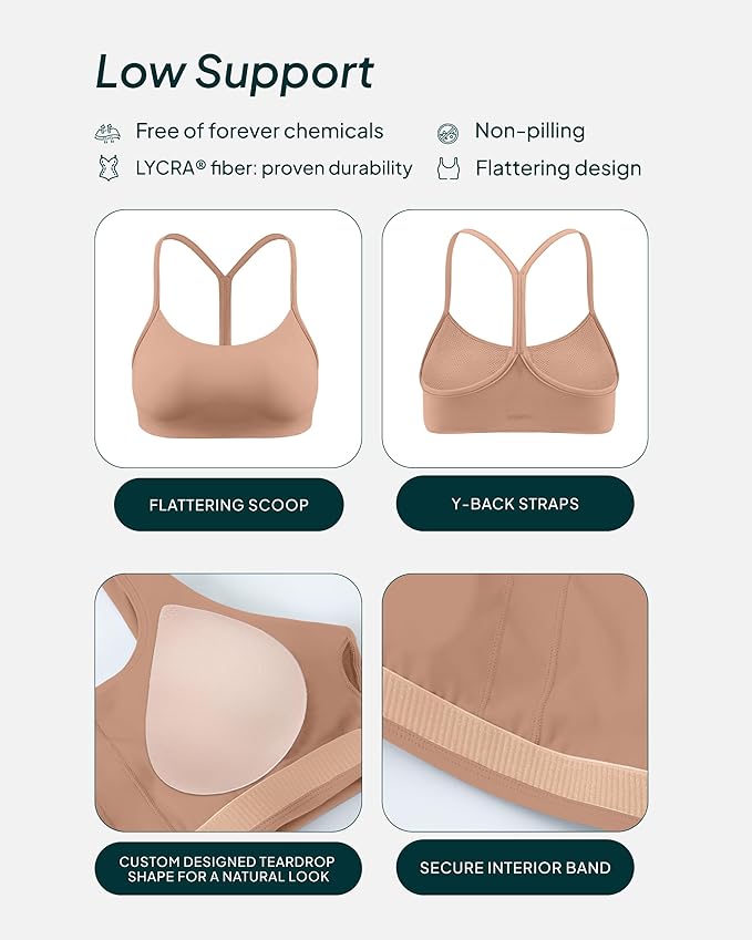 PAVOI ACTIVE Yoga Racerback Bras for Women - Buttery Soft Low Support Scoop Neck Y-Back Thin Strap Sports Bra - FlexFlow