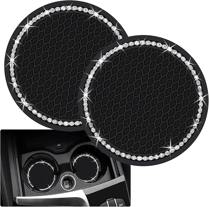 2PCS Bling Car Cup Coaster, 2.75 Inch Auto Cup Holder Insert Coasters Silicone Anti-Slip Crystal Rhinestone Drink Mat, Universal Vehicle Interior Accessories for Women Girls (Black)