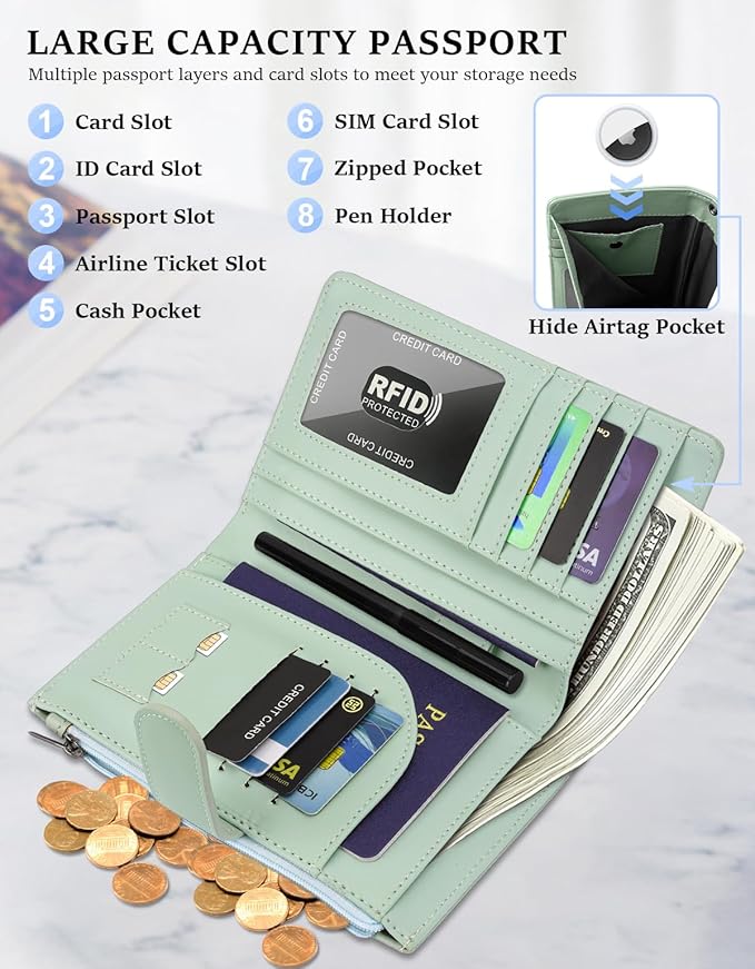 RFID Passport Holder for Women/Men Travel Gifts, Large Capacity Passport Wallet, Family Travel Documents Organizer with Card/Airtag Slots, Zipper coin pocket, Cash Holder Passport Cover Case (Green)