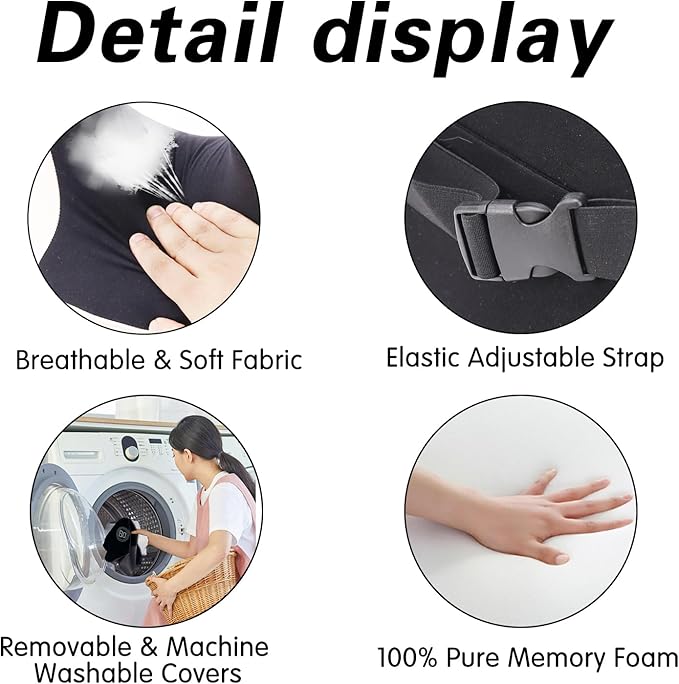 SPRFUFLY U-Shaped Car Headrest Pillow for Sleeping, 100% Memory Foam Car Pillow with Breathable Removable Cover, Ergonomic Design - Ideal Car Companion for Naps & Neck Pain Relief (Black, 1PC)