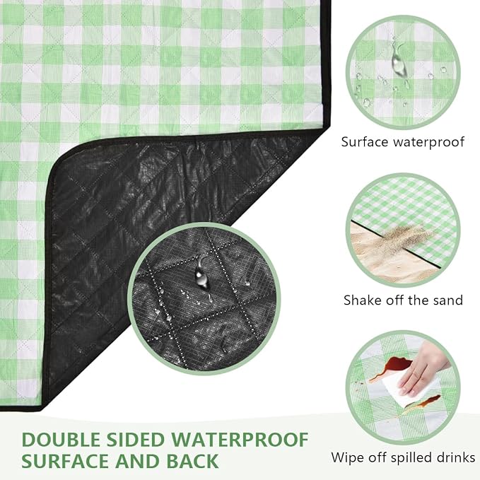 OBTANIM Extra Large Picnic Blanket 60 x 80 Inch Waterproof Foldable Beach Blankets Outdoor Picnic Mat for Camping Grass Lawn Park Music Festival Party Accessories (Green and White)