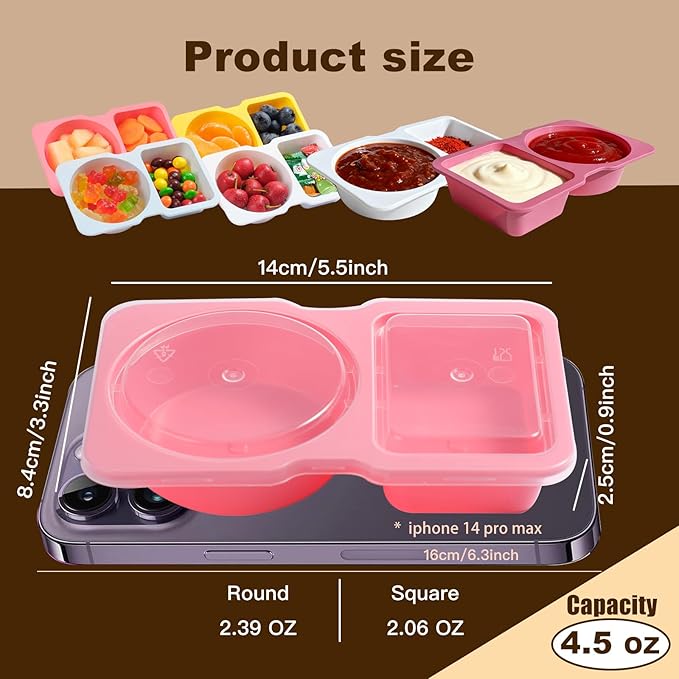20 Pack 4.5 Oz Reusable Snack Containers with Lids,Disposable 2-Compartment Snack Pack Containers with Forks,Small Snackle Box Sauce Condiment Portion Control Meal Prep Container for Picnic Travel