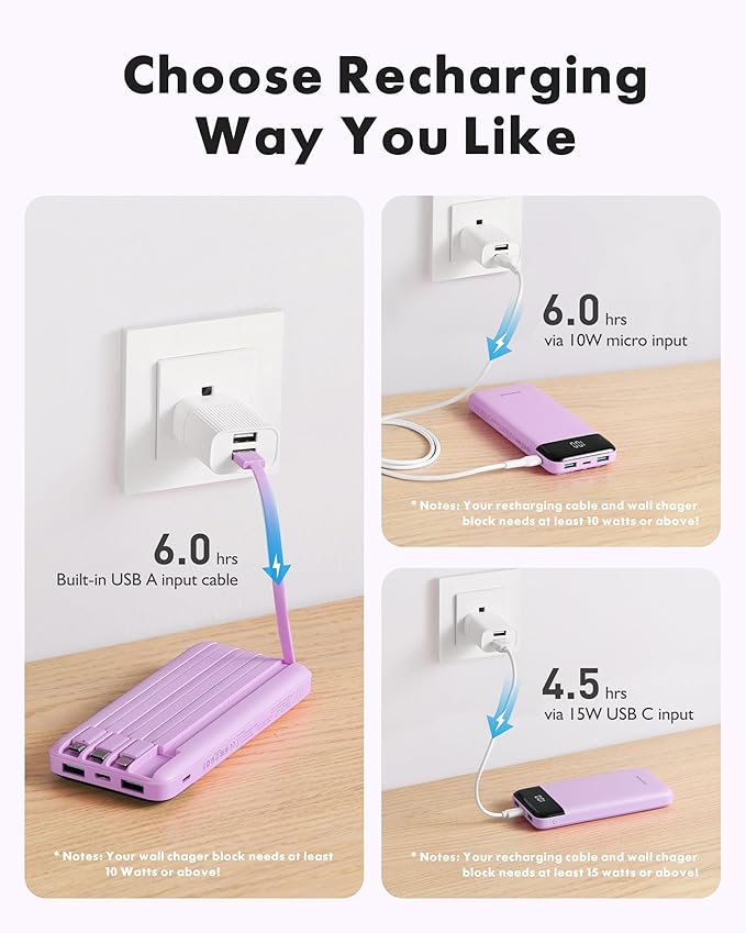 charmast Portable Charger with Built in Cables, Power Bank with Cords Wires, Slim 10000mAh Travel Battery Pack 6 Outputs 3 Inputs 3A Fast Charging for Samsung Google Pixel LG Moto iPhone iPad