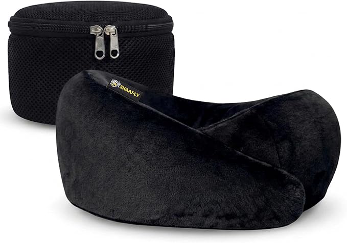 Travel Neck Pillow – Airplane Travel Essentials with Ergonomic Memory Foam Comfort – Premium Travel Pillows for Airplanes and Long Journeys, Compact Carry Pouch (Black)