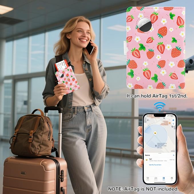 Passport Holder with Airtag Slot, RFID Blocking Leather Cover Wallet for Travel Essentials, Cute Passport Book with Magnetic Buckle, Travel Accessories for Women