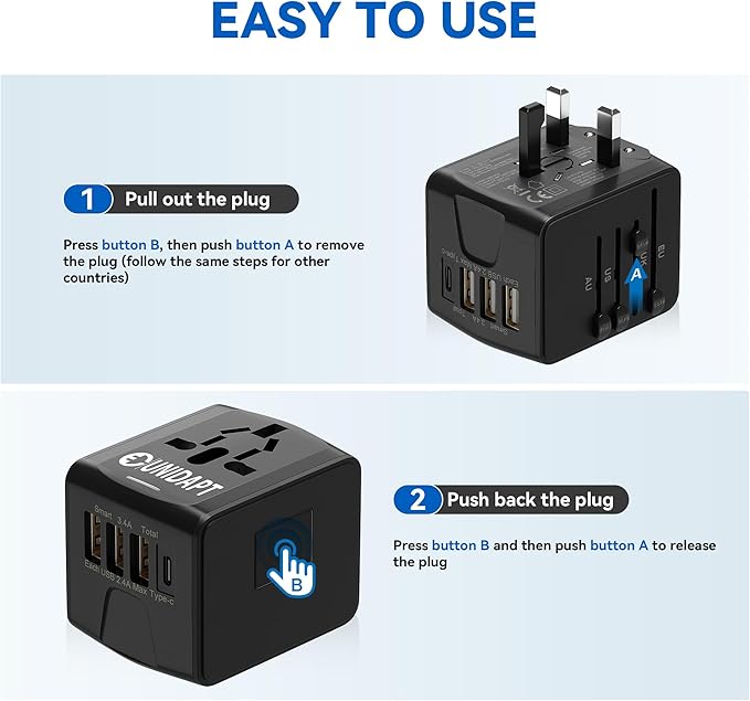 Unidapt International Travel Adapter, Universal Power Adapter Worldwide with 3 USB-A, 1 Type-C - Perfect for Travel to Europe US, EU, UK, AU Over 160 Countries (Black)