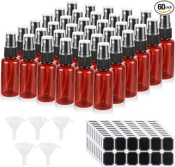 60 Pcs 1 oz Amber Spray Bottles with Sticker and Funnel, Anti-UV Fine Mist Mini Spray Bottles, Refillable Small Spray Bottle Travel Spray Bottle for Essential Oils and Various Liquids
