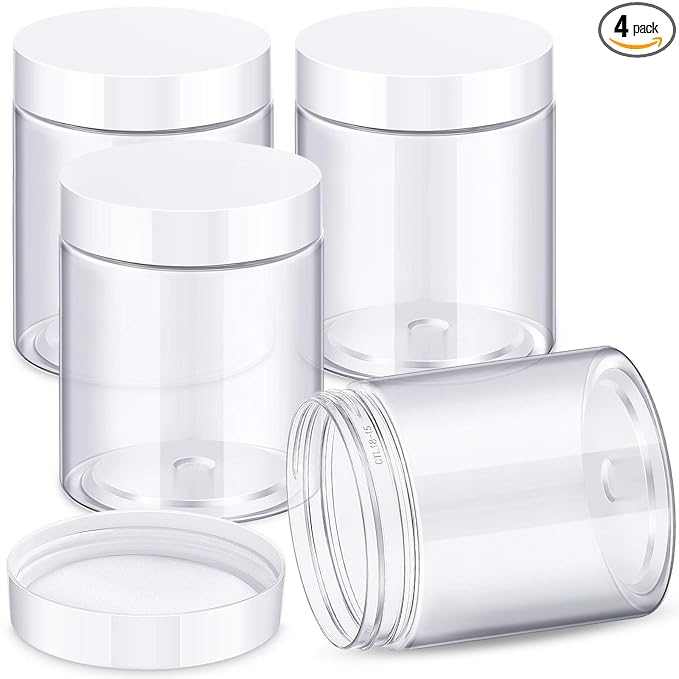 Patelai 4 Pieces Round Wide-mouth Leak Proof Plastic Container Jars with Lids for Travel Storage Makeup Beauty Products Face Creams Oils Salves Ointments DIY Making(10 Ounce,White)