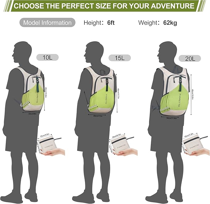 FIORETTO 20L Hiking Backpack for Women Men Mini Packable Backpack Lightweight Small Daypack for Camping Travel Outdoor, Beige and Green