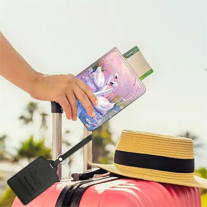 Passport Wallet, Passport Holder with RFID Blocking and Luggage Tag, Waterproof PU Leather Travel Documents Organizer Case, Passport Covers with Card Slot for Women Men,Swan Oil Painting Passport Book