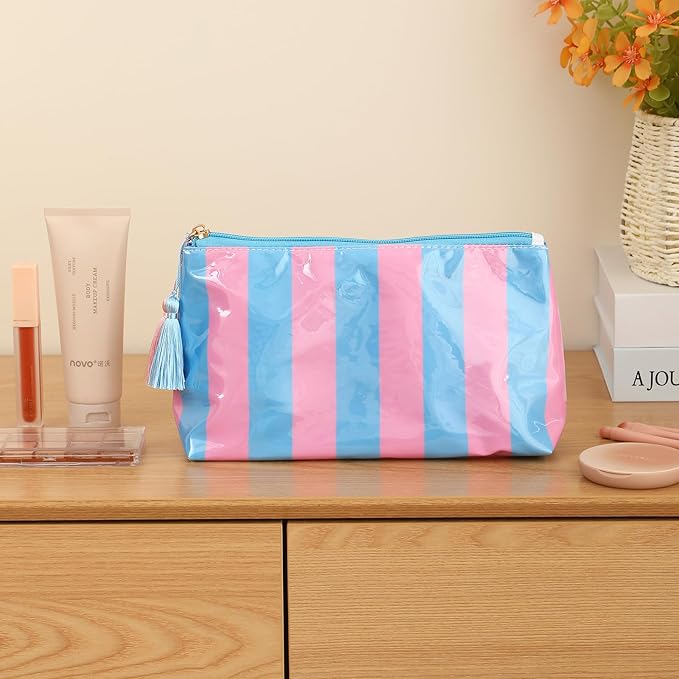 DYSHAYEN Makeup Bags for Purse,Small Clear Coated Cosmetic Bags for Women Girls, Waterproof Travel Organizer Zipper Pouch Beach Vacation Essentials (Blue-Pink)