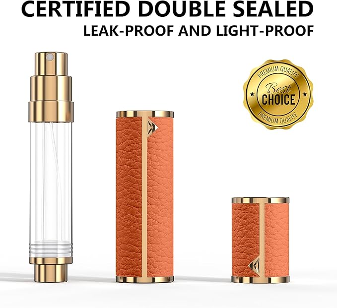 Travel Perfume Refillable Atomizer, 8ML- Mini Genuine Leather Cologne Sprayer, Protable Pocket Size Empty Fragrance Spray Bottle (Orange)