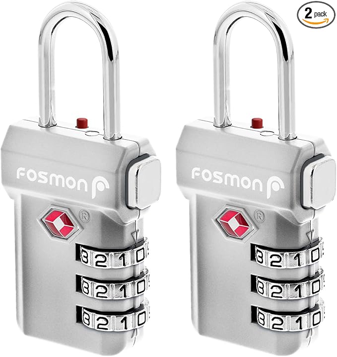 Fosmon TSA Approved Luggage Locks, Suitcase Travel Lock with Push Release Button for Extra Security, 3 Digit Combination Padlock for Gym Locker, Backpack Zipper Anti Theft, Gun Case - Silver, 2 Pack