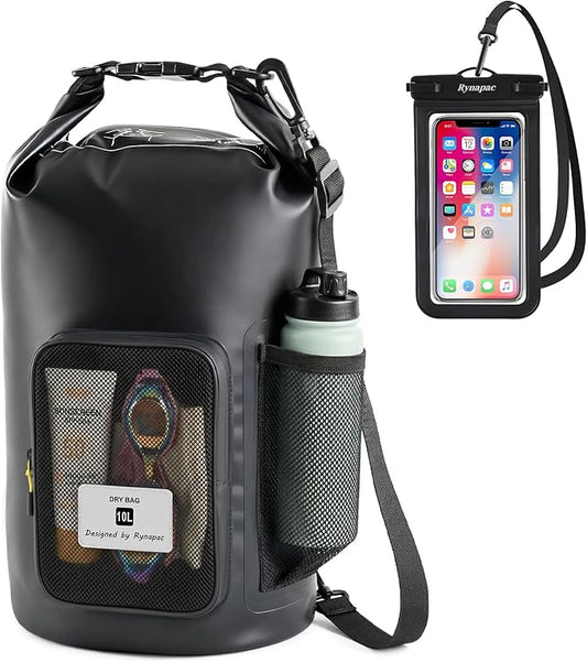 Rynapac 10L Waterproof Dry Bag with Bottle Holder & Mesh Pocket, 500D PVC Tarpaulin Roll Top Dry Sack with Inner Waterproof Adsorption Film, Dry Storage Bag for Kayaking, Boating, Beach, Camping